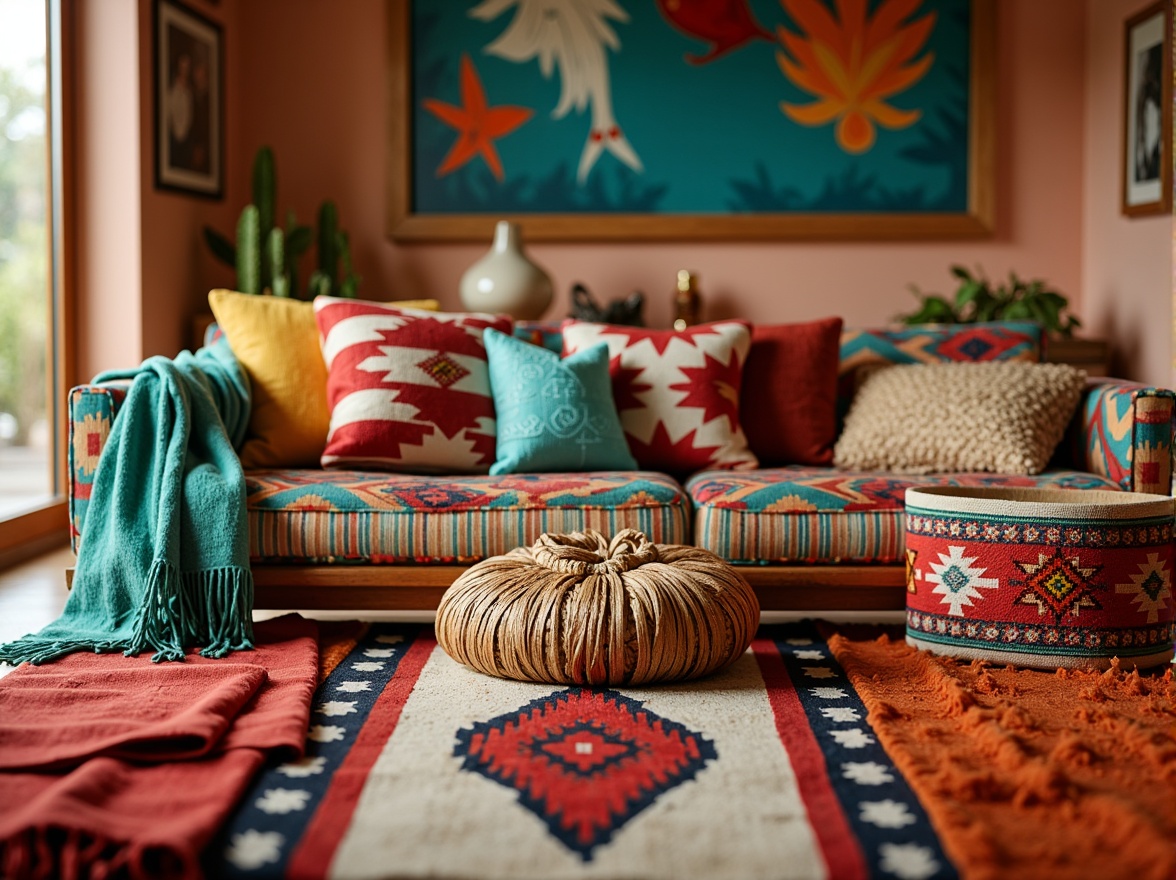 Prompt: Vibrant Southwestern-inspired textiles, bold geometric patterns, bright turquoise accents, warm terracotta hues, rustic woven fabrics, natural fiber materials, earthy color palette, tribal print motifs, colorful Navajo blankets, plush pillows, embroidered details, Aztec-inspired designs, statement pieces, modern bohemian flair, eclectic global influences, cozy living spaces, inviting atmosphere, soft warm lighting, shallow depth of field, 3/4 composition.