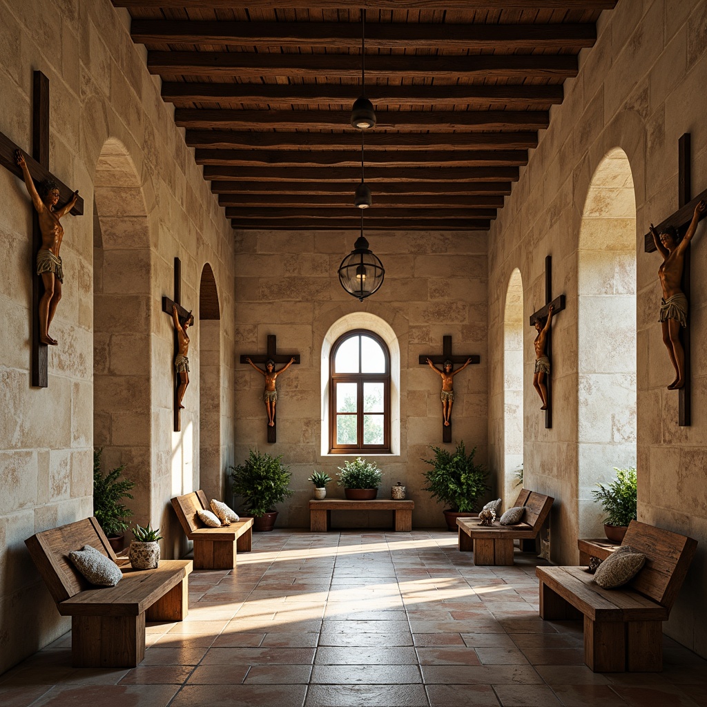 Prompt: Weathered stone walls, rustic wooden beams, soft warm lighting, traditional Mediterranean tiles, ornate crucifixes, simple monastery benches, distressed wood furniture, vintage religious artifacts, natural fiber textiles, earthy color palette, arched windows, wrought iron lanterns, fragrant herb gardens, serene atmosphere, shallow depth of field, 1/1 composition, realistic textures, ambient occlusion.