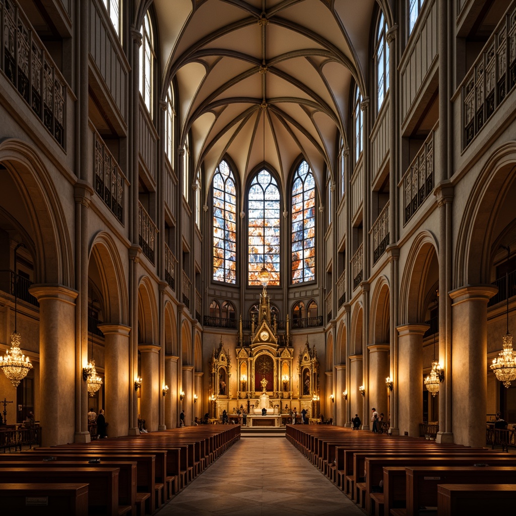 Prompt: Grand cathedral interior, vaulted ceilings, ribbed arches, stunning stained glass windows, intricate stone carvings, ornate chapels, majestic altarpieces, dramatic chandeliers, warm golden lighting, atmospheric fog effect, high-angle shot, symmetrical composition, detailed textures, realistic ambient occlusion.