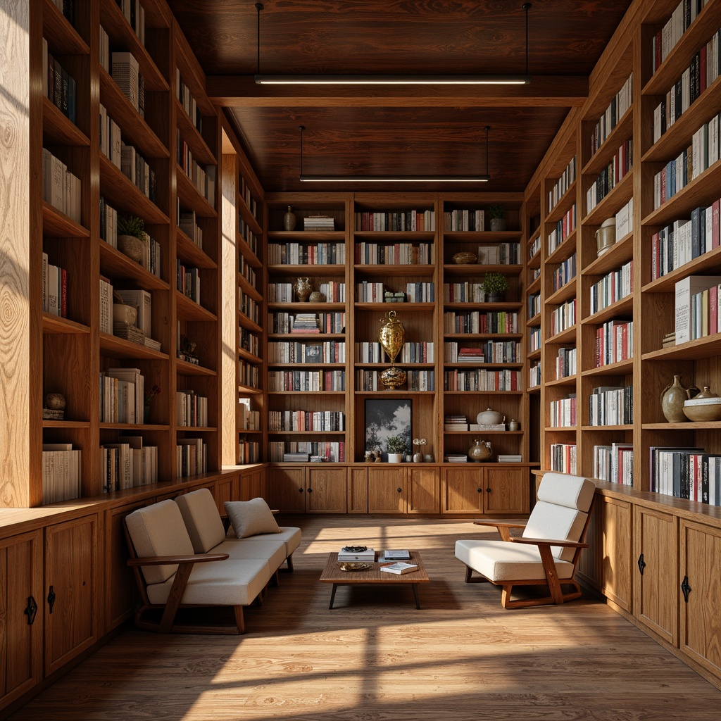 Prompt: Richly stained wooden shelves, vintage books, comfortable reading nooks, natural wood accents, geometric patterns, earthy color palette, retro-inspired furniture, sleek lines, minimalist decor, floor-to-ceiling bookcases, cozy atmosphere, warm lighting, soft shadows, 1/1 composition, shallow depth of field, realistic textures, ambient occlusion.