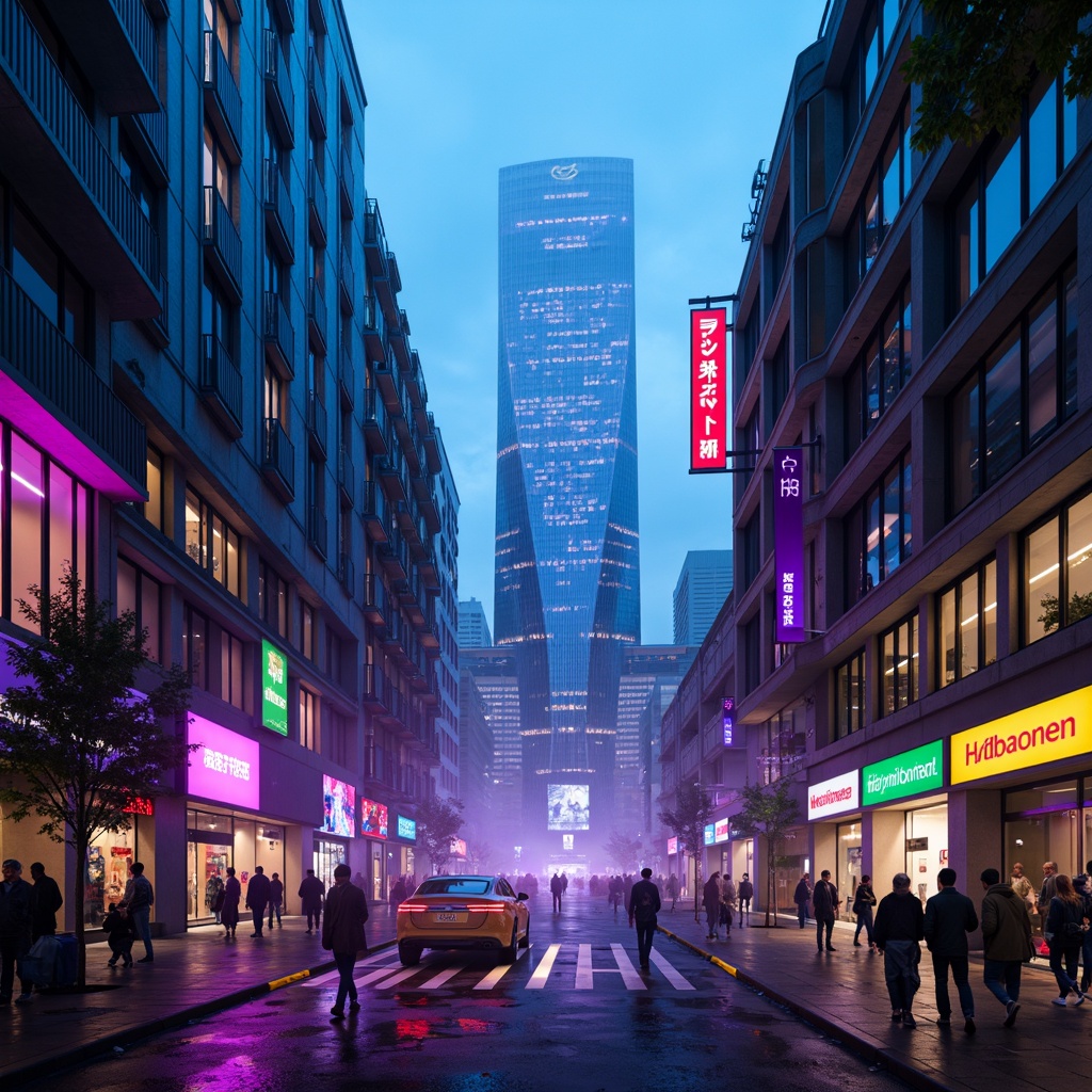 Prompt: Neon-lit cityscape, futuristic skyscrapers, metallic reflections, holographic advertisements, sleek curves, LED strip lights, ambient glow, misty atmosphere, foggy alleys, cyberpunk vibes, electric blue hues, vibrant purple accents, neon green highlights, dark shadows, high-contrast lighting, cinematic mood, shallow depth of field, 1/2 composition, symmetrical framing, futuristic typography, metallic textures, reflective surfaces.