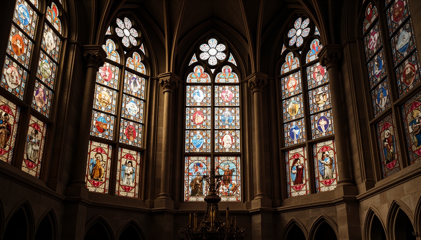 Prompt: Ornate Gothic windows, delicate stone carvings, intricate tracery patterns, stained glass designs, vibrant colored glazing, pointed arches, ribbed vaults, flying buttresses, grand cathedral architecture, mystical ambiance, warm soft lighting, dramatic shadows, high contrast ratio, 1/2 composition, shallow depth of field, realistic textures, ambient occlusion.