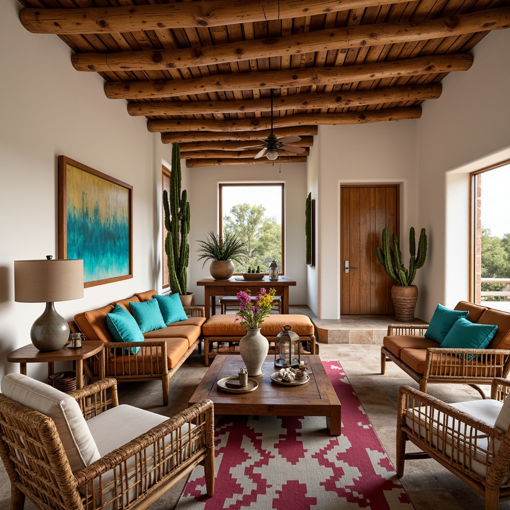 Prompt: Rustic wooden furniture, woven wicker chairs, plush velvet sofas, vibrant turquoise accents, natural fiber rugs, earthy terracotta pots, southwestern-inspired patterns, geometric textiles, chunky wood coffee tables, distressed leather armchairs, vintage metal lanterns, warm golden lighting, cozy throw blankets, desert landscape views, adobe-style architecture, bold colorful artwork, eclectic global decor.