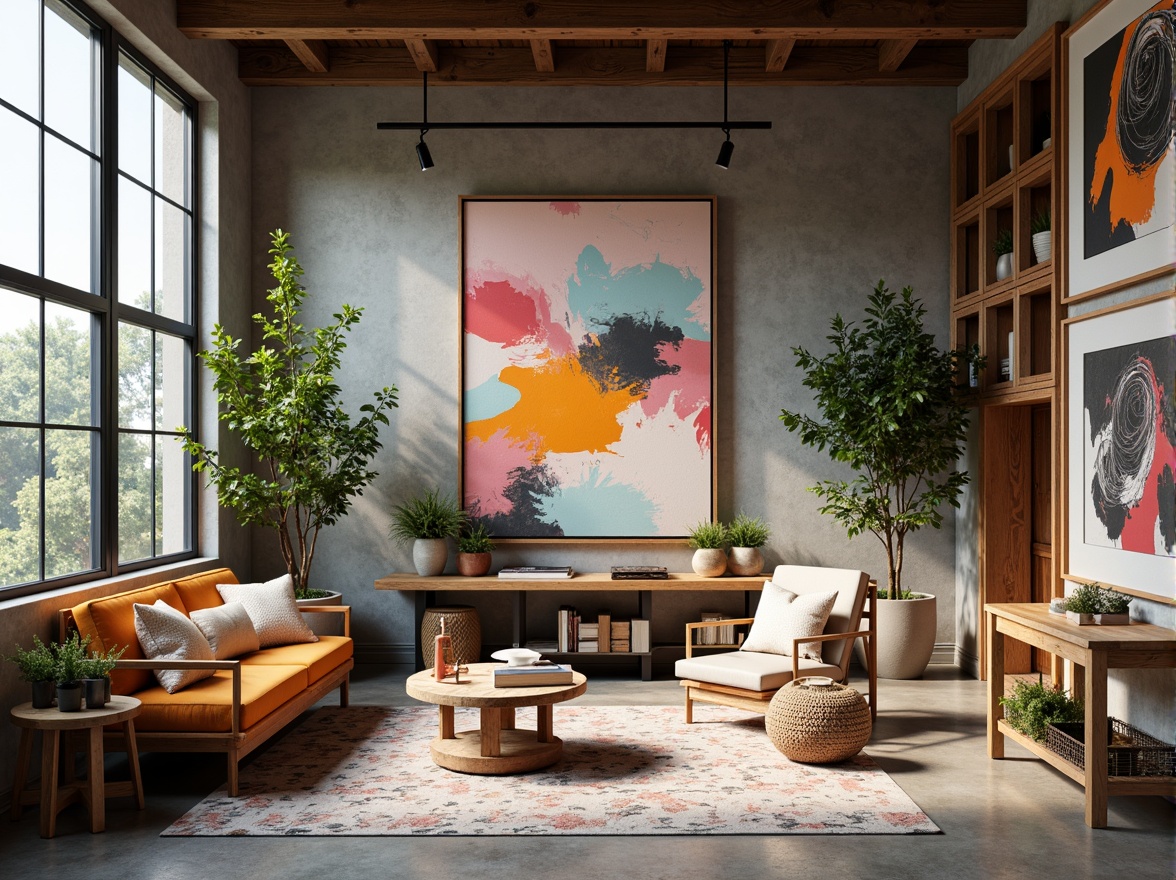 Prompt: Vibrant modern art studio, eclectic furniture, abstract artwork, bold brushstrokes, expressive colors, pastel hues, metallic accents, industrial chic decor, reclaimed wood walls, polished concrete floors, floor-to-ceiling windows, natural light pouring in, 1/1 composition, high-contrast lighting, realistic textures, ambient occlusion.