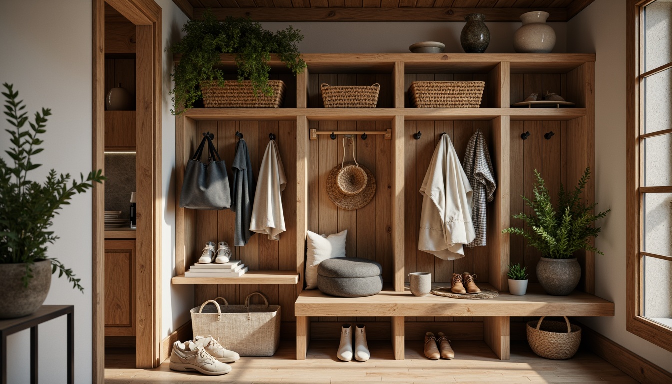 Prompt: Rustic mudroom, natural wood accents, earthy tones, functional wall hooks, sturdy metal constructions, modern minimalist design, sleek lines, ample storage spaces, woven baskets, hanging organizers, wooden shelves, cozy ambient lighting, soft warm colors, shallow depth of field, 1/1 composition, realistic textures, ambient occlusion.