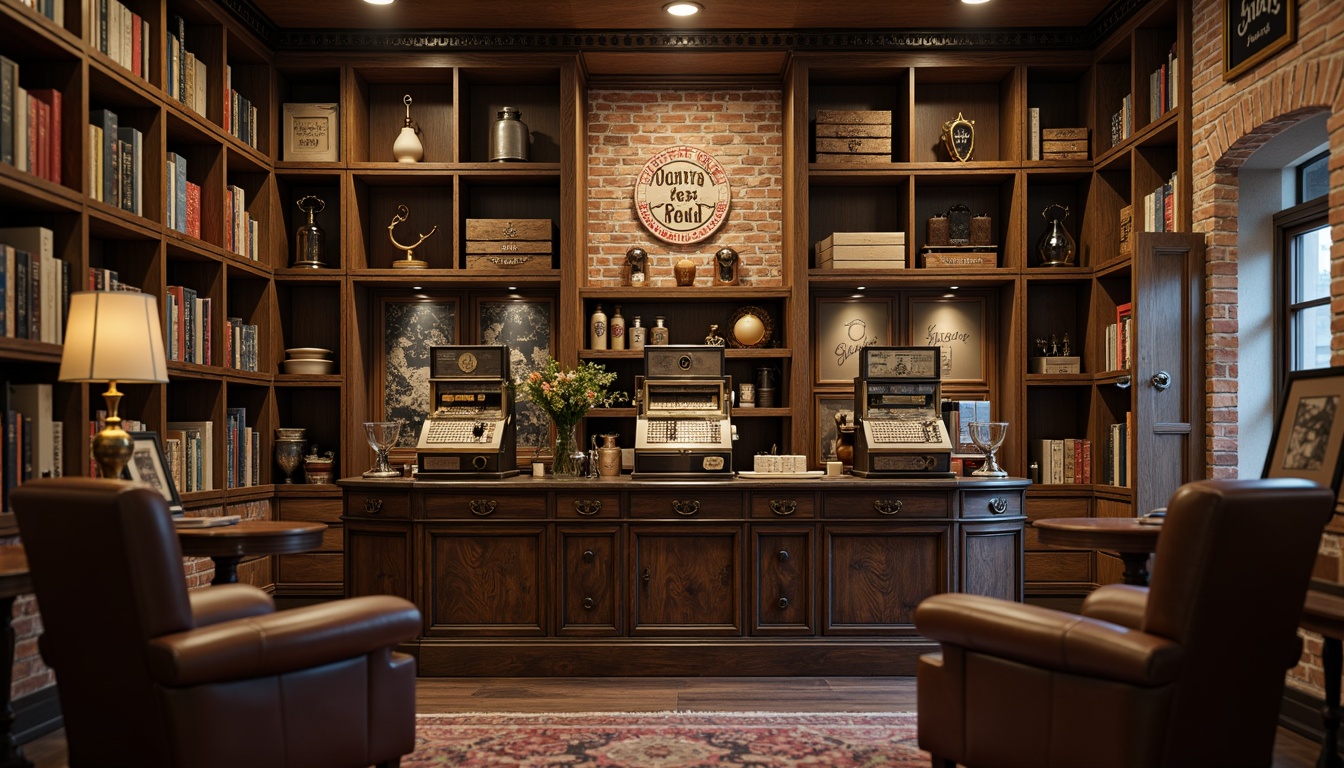 Prompt: Vintage cash registers, distressed wood shelves, ornate metal lanterns, rich leather armchairs, elegant wooden tables, antique display cases, classic brick walls, rustic wooden crates, vintage-inspired signage, soft warm lighting, shallow depth of field, 1/1 composition, realistic textures, ambient occlusion.