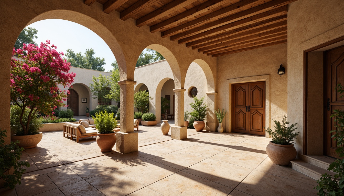 Prompt: Warm beige stonework, rustic arches, ornate wooden doors, serene courtyard, lush greenery, vibrant bougainvillea, weathered terracotta pots, soft warm lighting, shallow depth of field, 3/4 composition, panoramic view, realistic textures, ambient occlusion, Mediterranean-inspired tiles, earthy color palette, natural stone floors, wooden ceiling beams, rustic furniture, cozy nooks, peaceful ambiance.