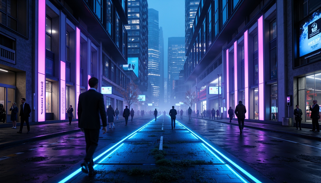 Prompt: Neon-lit cityscape, dark blue misty atmosphere, futuristic skyscrapers, sleek metal accents, holographic advertisements, LED strip lighting, glowing blue lines, neon green highlights, radiant floor lights, ambient occlusion, cinematic fog effects, atmospheric scattering, vibrant purple hues, cyberpunk-inspired details, high-tech gadgetry, metallic reflections, dynamic shadows, 3/4 composition, shallow depth of field, panoramic view.