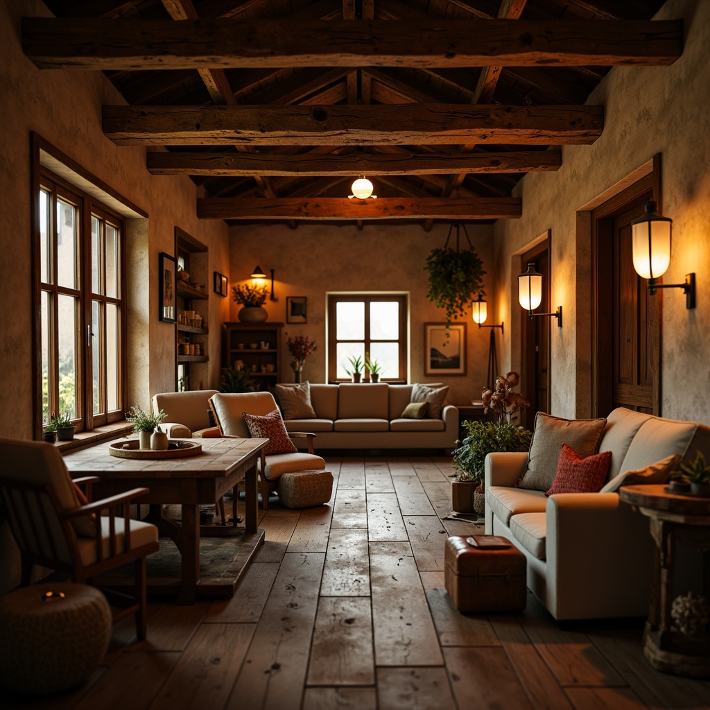 Prompt: Rustic farmhouse interior, warm golden lighting, soft candle glow, pendant lamps, wooden beams, natural stone walls, earthy color palette, cozy atmosphere, vintage metal lanterns, distressed wood accents, plush furnishings, comfortable textiles, warm neutrals, softbox lighting, 1/1 composition, shallow depth of field, realistic textures, ambient occlusion.