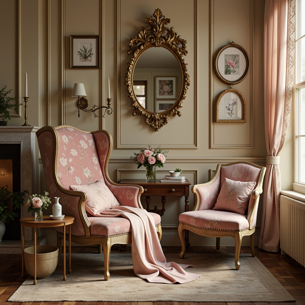 Prompt: Distressed velvet fabrics, soft pastel hues, vintage floral patterns, lace trimmings, rustic wooden furniture, ornate gold frames, delicate porcelain vases, antique mirrors, feminine curves, gentle candlelight, warm beige walls, plush area rugs, subtle sheen, natural linen textures, romantic ambiance, 1/1 composition, intimate close-up shots, soft focus, warm color grading.