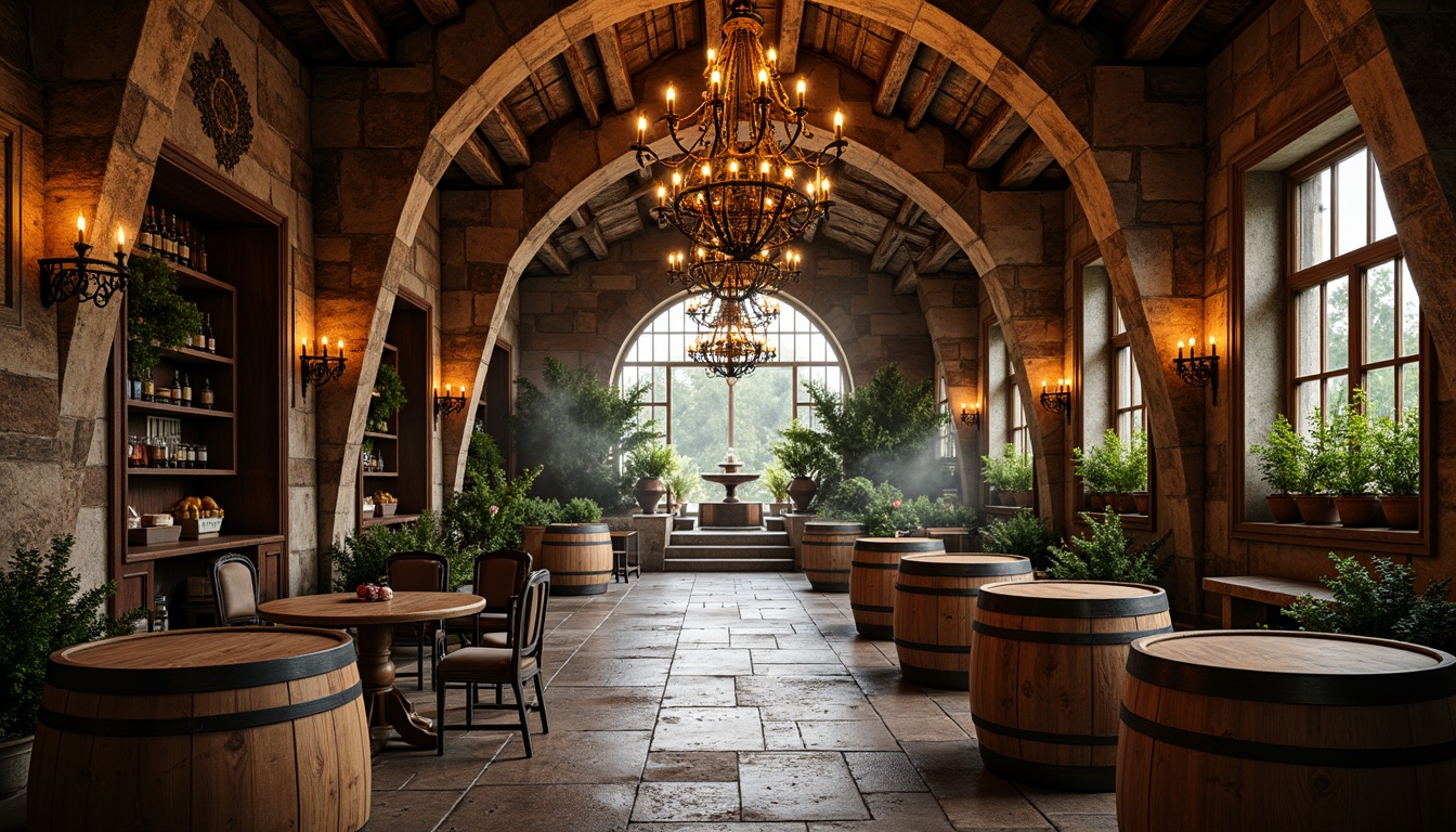 Prompt: Rustic winery, ornate stone carvings, vintage wooden barrels, rich velvet drapes, intricate ironwork, lavish chandeliers, warm golden lighting, ornamental fountains, lush green vines, ancient brick walls, distressed wood textures, soft focus, shallow depth of field, 1/2 composition, atmospheric mist, realistic reflections.