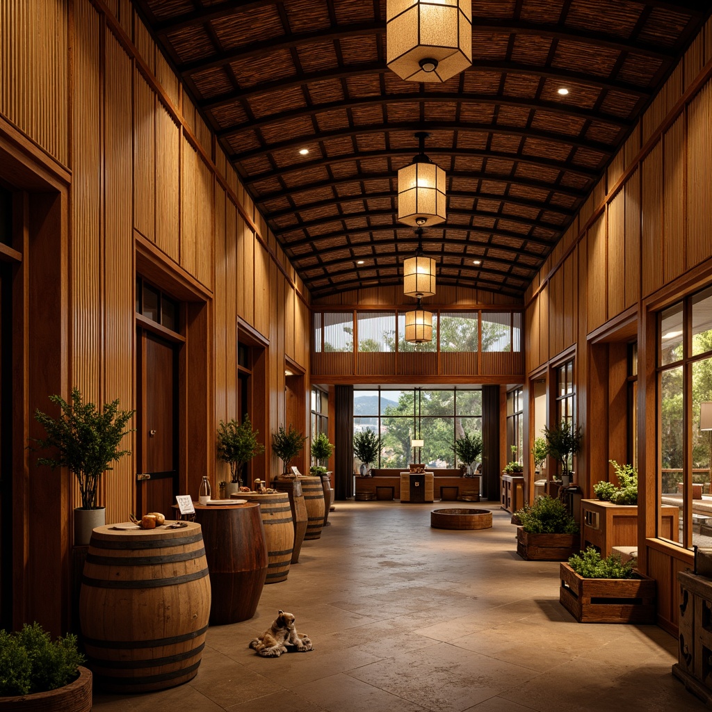 Prompt: Traditional Asian-style winery interior, rustic wooden accents, bamboo walls, lantern-inspired lighting fixtures, earthy tone color palette, natural stone flooring, curved lines, ornate carvings, vintage wine barrels, fermentation tanks, wooden crates, grapevine patterns, warm soft lighting, cozy atmosphere, shallow depth of field, 1/1 composition, realistic textures, ambient occlusion.