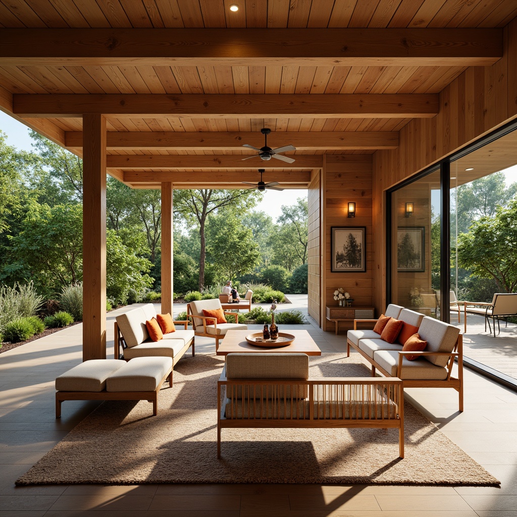 Prompt: Pavilion interior, mid-century modern style, sleek wooden furniture, minimalist decor, natural textiles, geometric patterns, vibrant color accents, floor-to-ceiling windows, sliding glass doors, lush greenery views, warm ambient lighting, soft shadows, 1/1 composition, realistic reflections, subtle material textures.