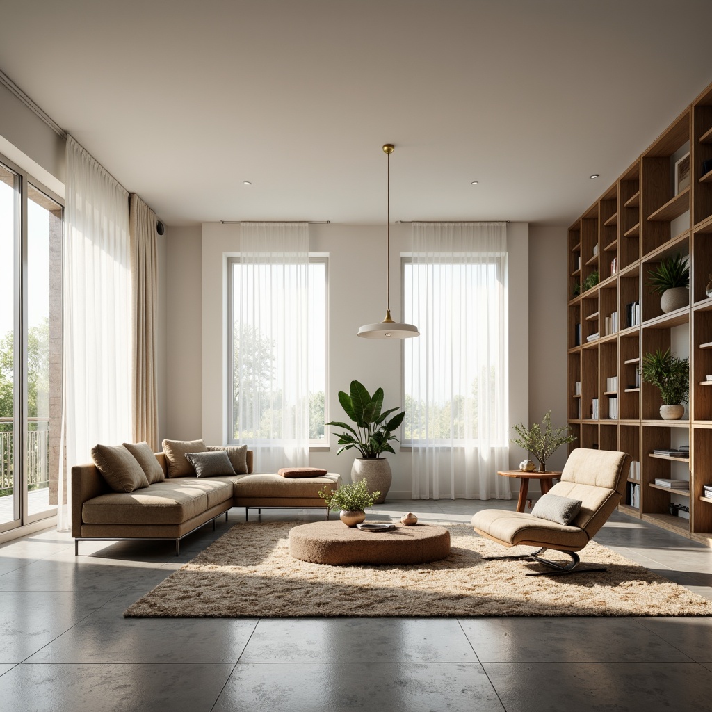 Prompt: Minimalist living room, large windows, natural light pouring in, sheer white curtains, sleek low-profile furniture, polished concrete floors, industrial chic decor, potted greenery, floor-to-ceiling bookshelves, geometric-patterned rugs, ambient soft lighting, 1/1 composition, subtle shadows, realistic textures, warm beige tones, airy openness, organic shapes, natural materials, simplicity emphasis.