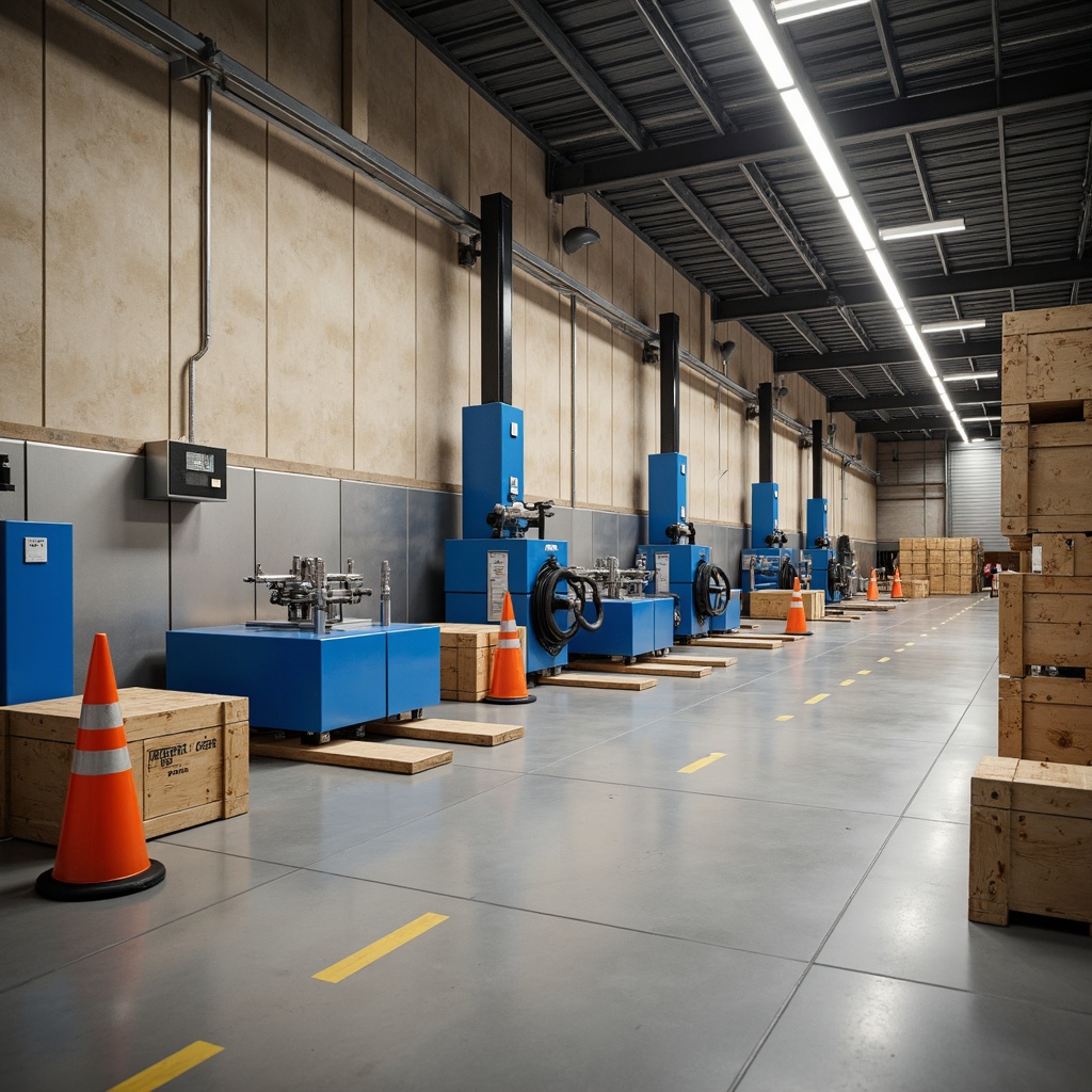 Prompt: Industrial distribution center, neutral beige walls, metallic silver accents, bold blue machinery, vibrant orange safety cones, natural wood crates, polished concrete floors, modern LED lighting, soft ambient glow, shallow depth of field, 1/1 composition, realistic textures, ambient occlusion.