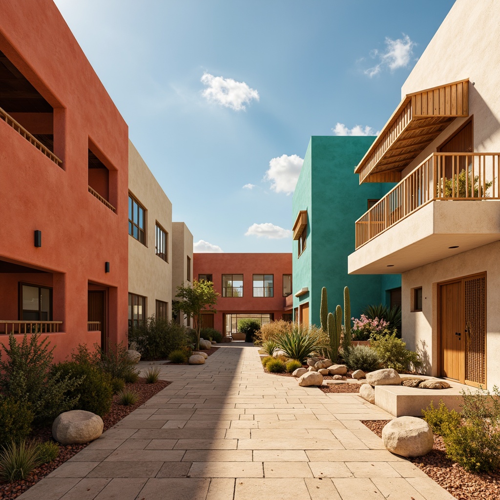 Prompt: Vibrant turquoise, warm terracotta, soft sandy beige, rich sienna, bold coral, creamy ivory, weathered wood accents, natural stone textures, woven textiles, rustic metal details, desert flora, cacti silhouettes, clear blue skies, warm golden lighting, shallow depth of field, 3/4 composition, panoramic view, realistic earthy tones.