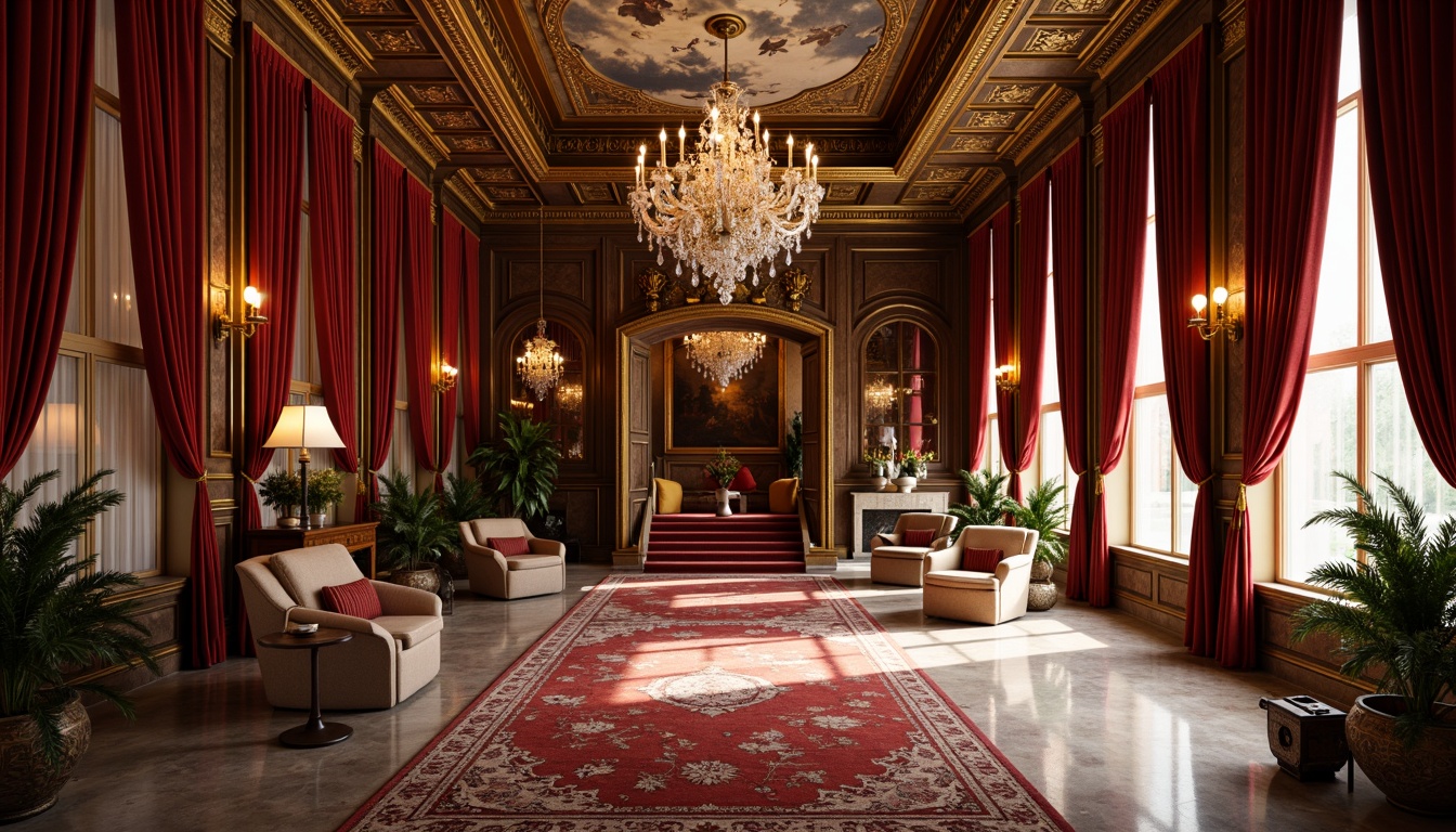 Prompt: Luxurious velvet drapes, intricately carved wooden panels, ornate gilded mirrors, crystal chandeliers, richly patterned rugs, opulent furnishings, grandiose architectural elements, sweeping staircases, lavish fresco ceilings, dramatic lighting effects, warm golden hues, highly detailed textures, shallow depth of field, 1/1 composition, realistic renderings, ambient occlusion.