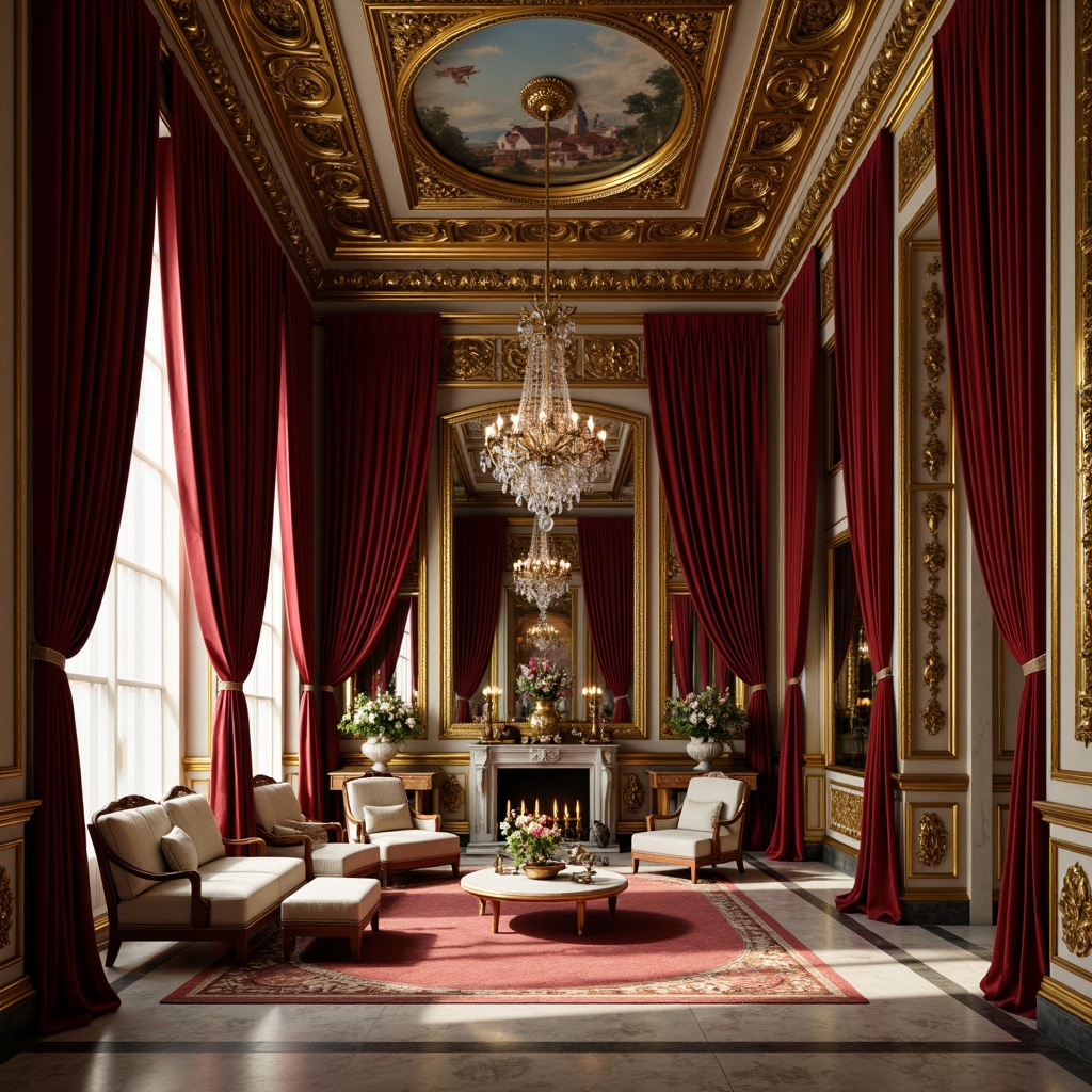 Prompt: Luxurious velvet drapes, ornate gold frames, richly polished marble floors, intricately carved wooden panels, dramatic crystal chandeliers, lavish silk fabrics, gilded furniture accents, opulent fresco ceilings, grandiose architectural details, soft warm candlelight, high contrast ratios, 1/1 composition, shallow depth of field, realistic textures, ambient occlusion.