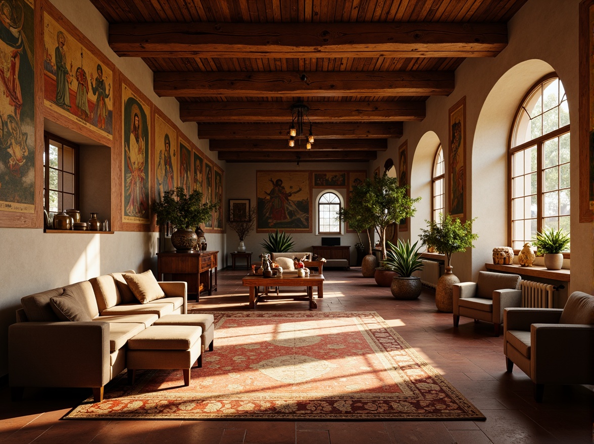 Prompt: Warm monastery interior, soft natural light, rustic stone walls, wooden beam ceilings, terracotta flooring, arched windows, ornate frescoes, rich velvet fabrics, golden accents, antique furniture, serene ambiance, gentle shadows, warm color palette, subtle texture details, atmospheric lighting, 1/2 composition, intimate framing, realistic render.