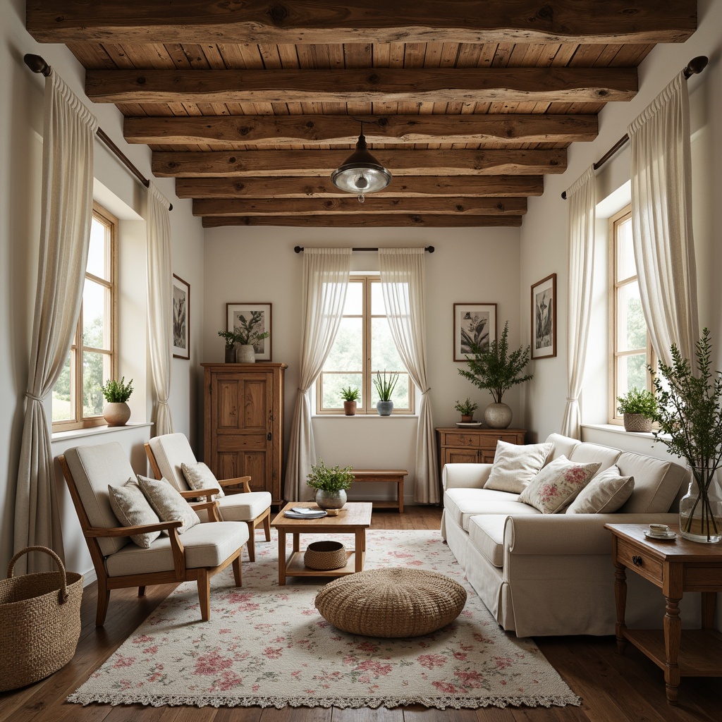 Prompt: Rustic French country cottage, distressed wood beams, soft natural fabrics, floral patterns, lace trimmings, vintage-inspired furniture, elegant drapery, linen textiles, cotton lace curtains, botanical prints, watercolor florals, muted color palette, warm golden lighting, soft focus, shallow depth of field, 1/1 composition, romantic ambiance, inviting atmosphere.