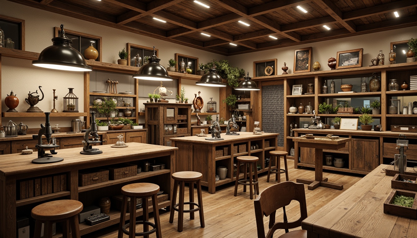 Prompt: Wooden workbenches, antique microscopes, vintage laboratory equipment, distressed wood cabinets, metal shelving units, wooden chairs, leather-bound stools, traditional laboratory decor, warm beige colors, soft overhead lighting, natural wood textures, classic architectural details, ornate metal fixtures, rustic wooden crates, aged scientific instruments, earthy color palette, 1/2 composition, realistic render, ambient occlusion.