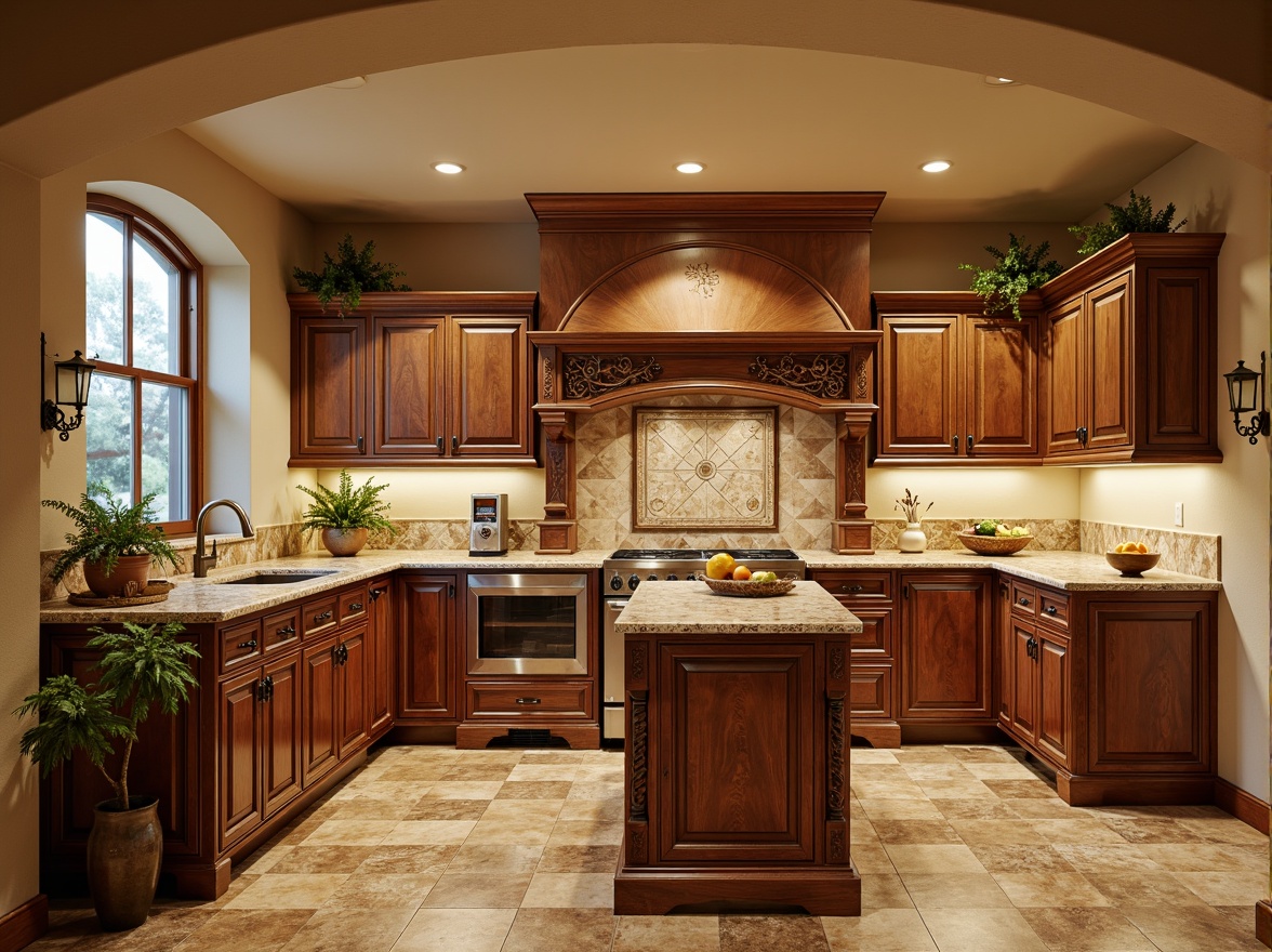 Prompt: Traditional European-style kitchen, warm beige walls, ornate wooden cabinets, antique bronze hardware, rustic stone flooring, elegant archways, sophisticated crown molding, luxurious Terrazzo countertops, rich earthy tones, subtle sparkle, soft ambient lighting, 1/1 composition, shallow depth of field, realistic textures, warm color palette.