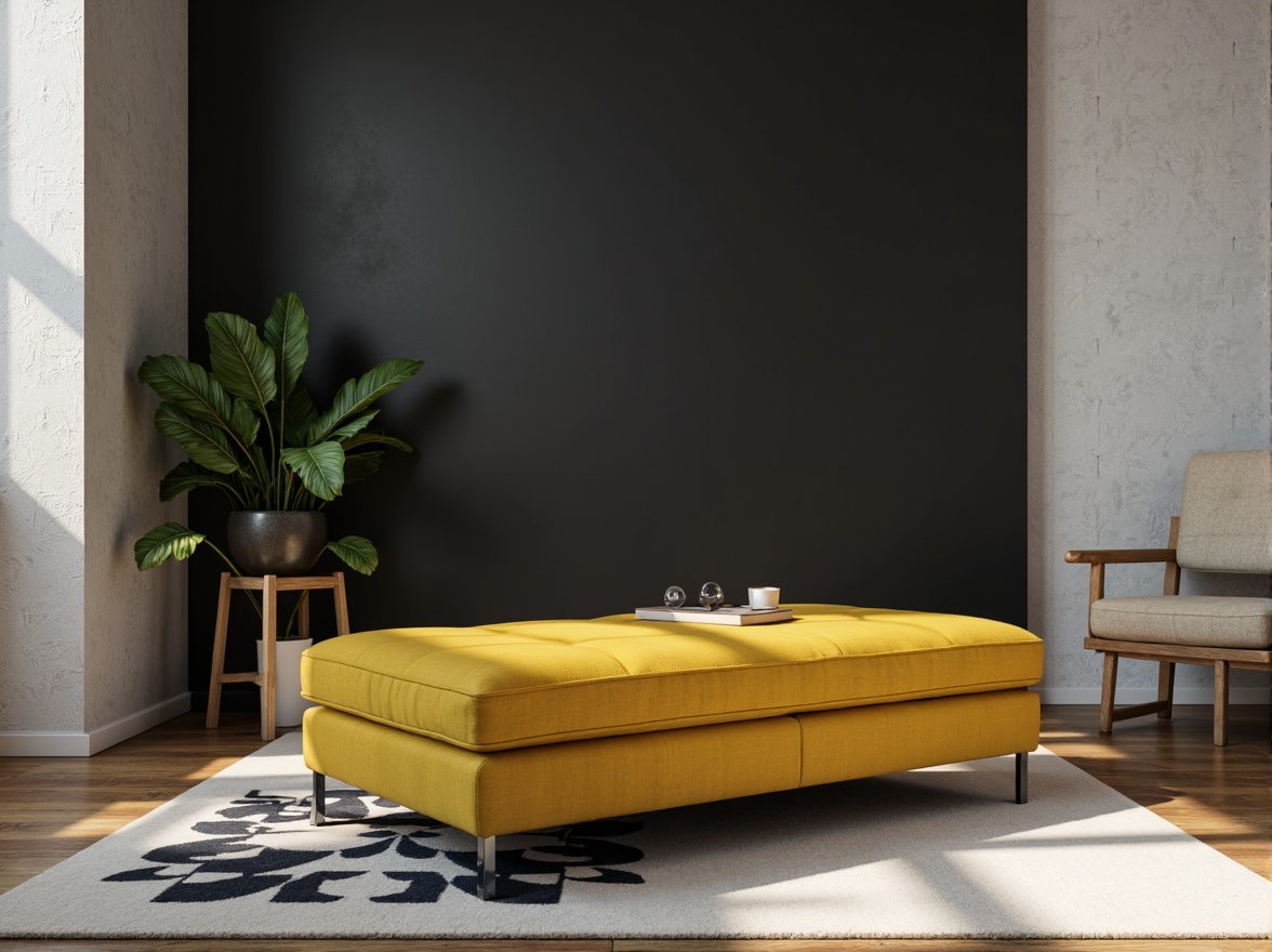 Prompt: Monochromatic minimalist space, bold accent walls, vibrant yellow ottoman, sleek low-profile furniture, polished chrome legs, subtle texture contrasts, natural wood flooring, geometric patterned rug, modern track lighting, soft warm glow, shallow depth of field, 1/1 composition, realistic render, ambient occlusion.