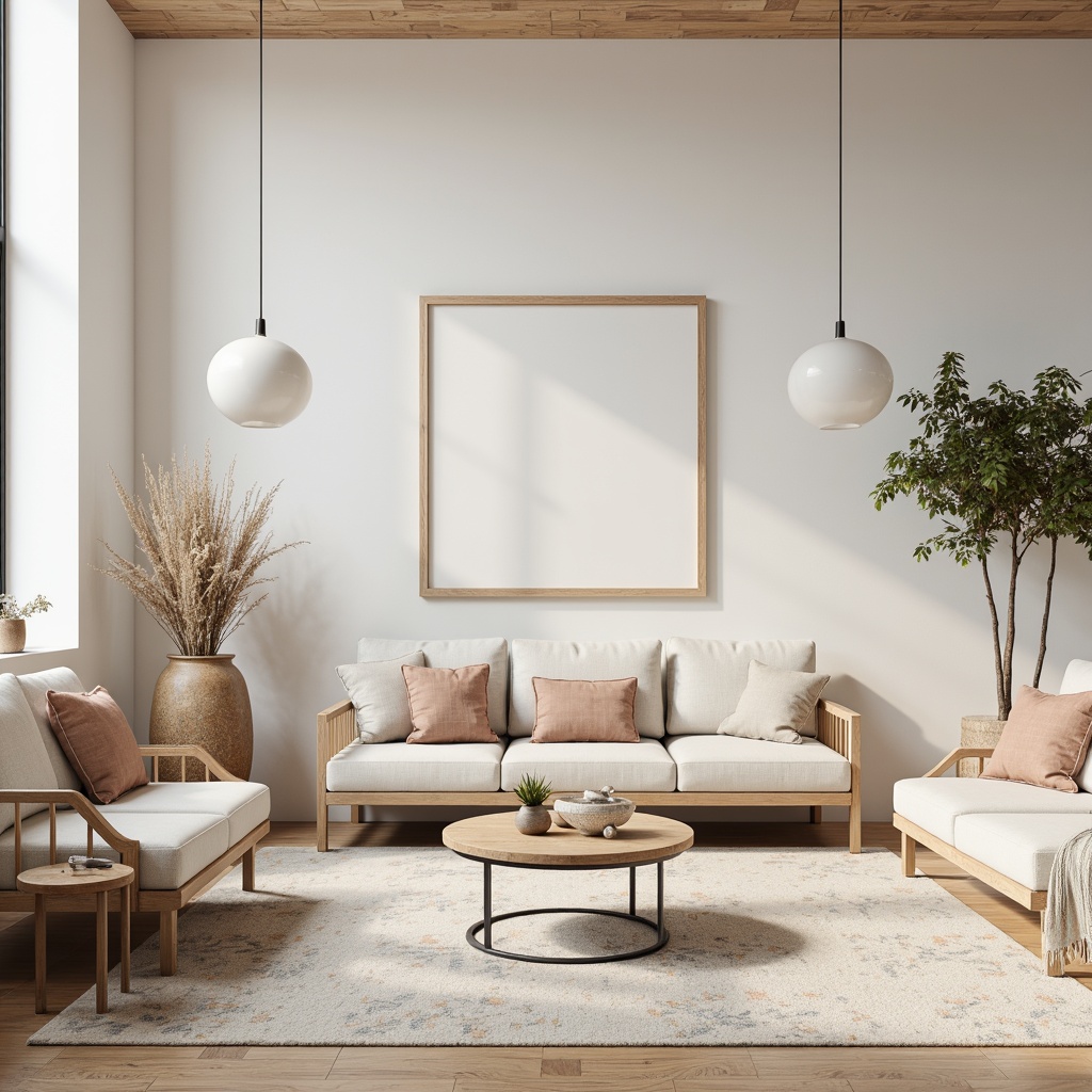 Prompt: Monochromatic minimalist space, subtle color accents, soft pastel hues, creamy whites, rich wood tones, sleek metal frames, geometric patterns, Scandinavian-inspired furniture, natural textiles, ambient warm lighting, shallow depth of field, 1/1 composition, realistic reflections, subtle gradient effects.