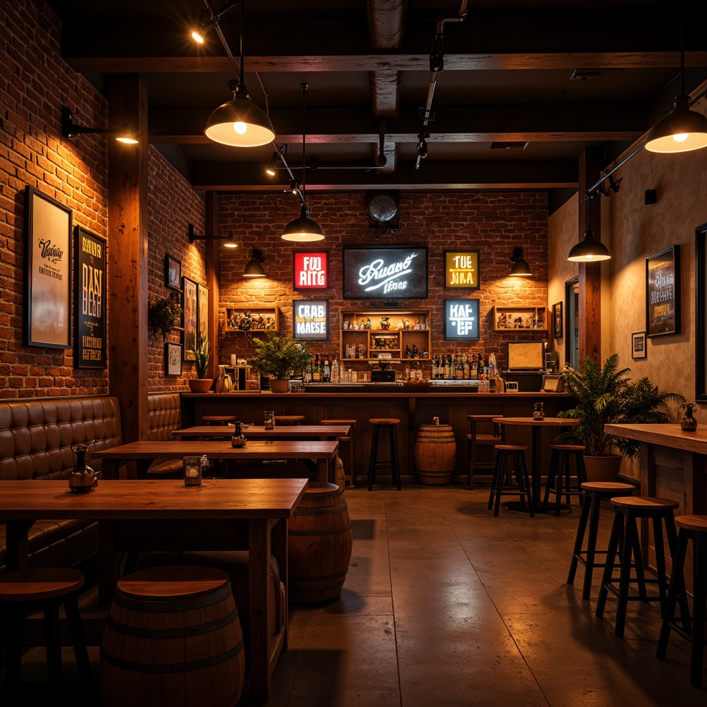 Prompt: Cozy bar atmosphere, warm ambient lighting, pendant lamps, industrial metal shades, reclaimed wood accents, exposed brick walls, dimmable LED strips, neon signs, whiskey barrel tables, leather stools, rustic wooden crates, vintage beer advertisements, soft warm glow, low-key lighting, 1/2 composition, realistic textures, subtle shadows.