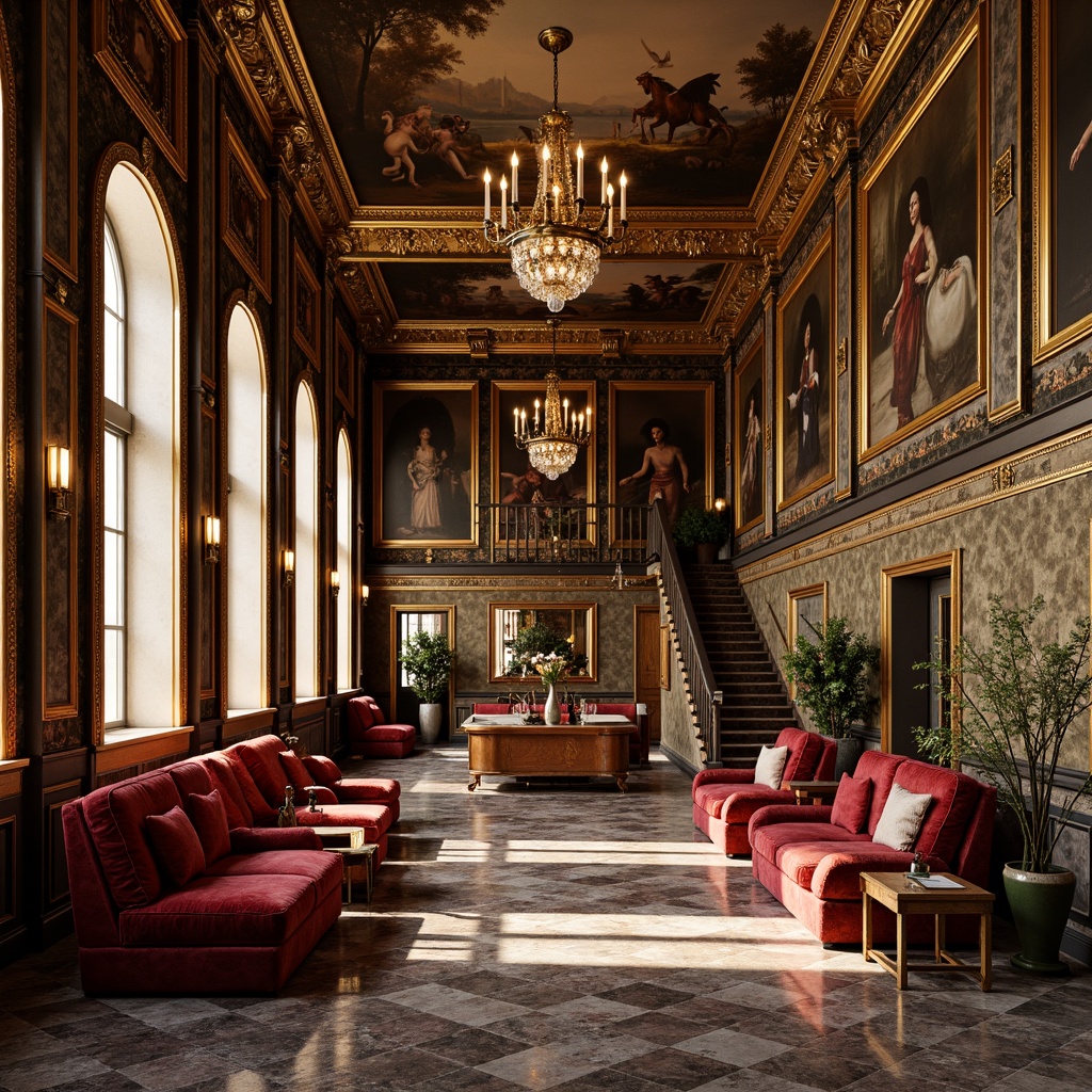 Prompt: Luxurious velvet fabrics, ornate golden frames, richly polished marble floors, intricately carved wooden paneling, lavish crystal chandeliers, dramatic high ceilings, opulent frescoed walls, sumptuous silk upholstery, bold trompe l'oeil murals, elaborate gilded moldings, subtle chiaroscuro lighting, warm candlelit ambiance, highly ornate baroque architecture, richly textured tapestries, majestic grand staircases, lavish decorative ornaments, intense color contrasts, detailed stucco work, highly reflective metallic accents.