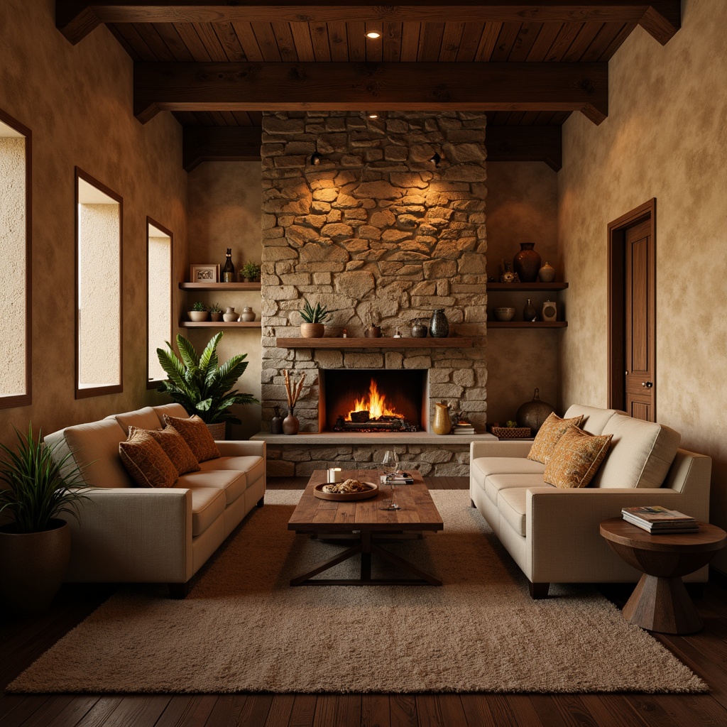 Prompt: Cozy family room, warm earthy tones, textured walls, natural stone accents, comfortable seating areas, plush throw pillows, wooden coffee tables, rustic wooden flooring, soft warm lighting, intimate atmosphere, 1/1 composition, shallow depth of field, realistic textures, ambient occlusion.