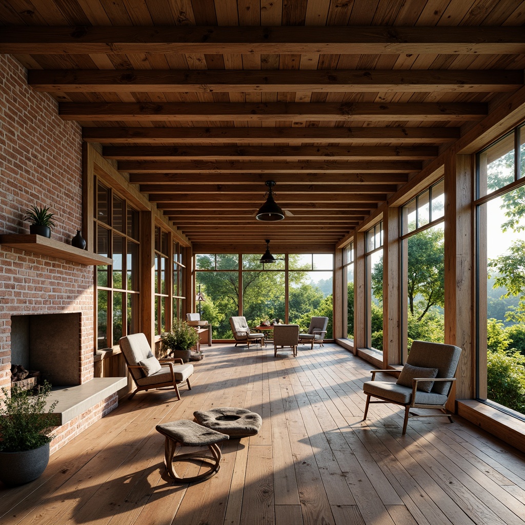 Prompt: Rustic farmhouse, reclaimed wood flooring, distressed finishes, earthy tones, natural textures, vintage decor, exposed beams, stone fireplaces, cozy nooks, soft warm lighting, traditional furniture, country charm, wooden accents, brick red walls, verdant greenery, outdoor views, panoramic windows, 3/4 composition, realistic renderings, ambient occlusion.