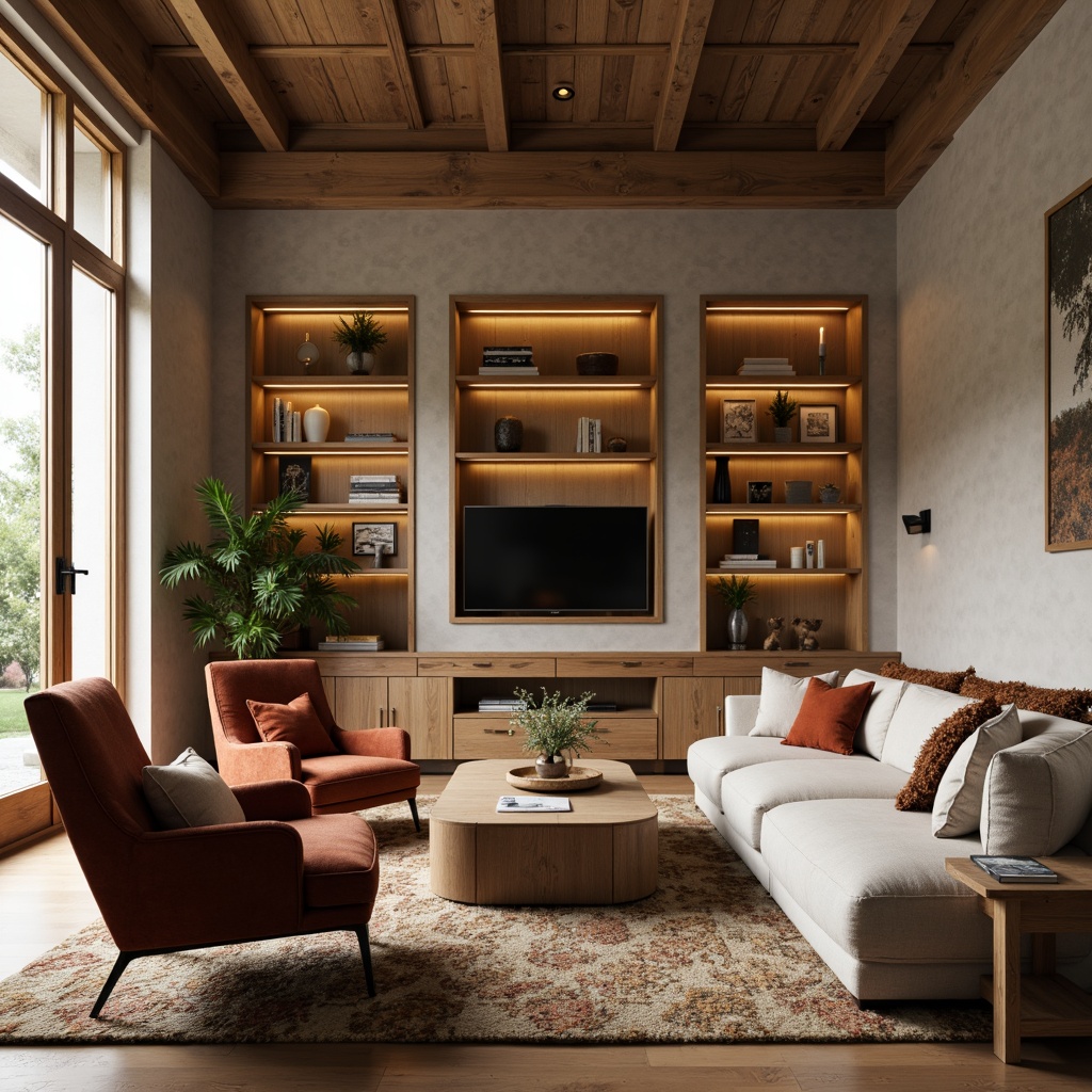 Prompt: Cozy living room, plush sofas, velvet armchairs, wooden coffee tables, minimalist decor, soft cushions, warm lighting, earthy tones, natural textiles, comfortable seating, ergonomic designs, functional shelving, rustic wood accents, modern metallic legs, elegant curves, subtle patterns, inviting atmosphere, relaxing ambiance, 1/2 composition, warm color palette, soft focus, realistic rendering.