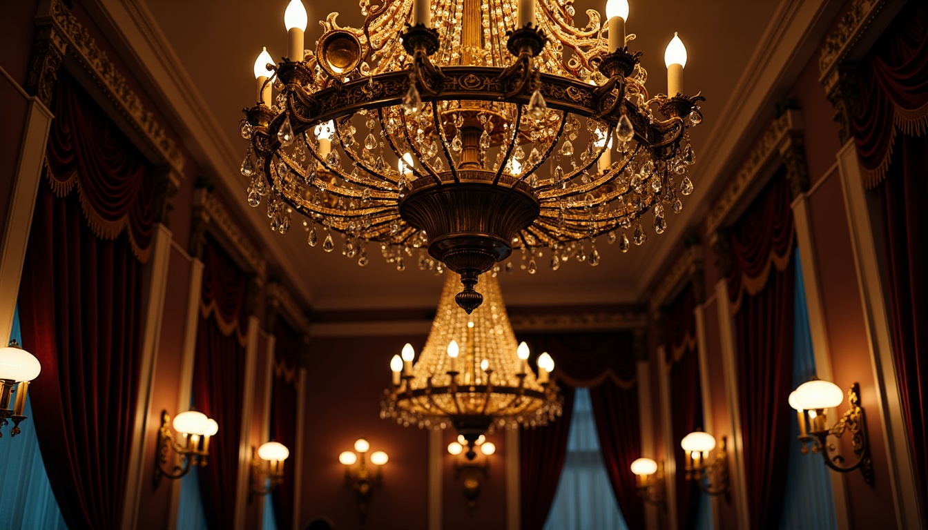 Prompt: Ornate chandeliers, crystal droplets, golden accents, intricate metalwork, lavish candelabras, ornamental sconces, luxurious pendant lights, majestic ceiling fixtures, opulent wall lamps, richly textured fabrics, velvet drapes, regal color palette, warm soft glow, dramatic shadows, 3/4 composition, low-key lighting, cinematic ambiance.