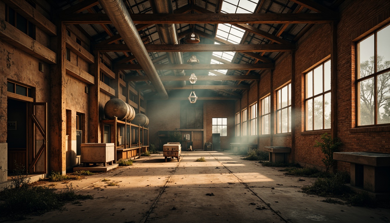 Prompt: Rustic industrial landscape, abandoned factories, distressed brick walls, metal beams, exposed ductwork, reclaimed wood accents, vintage machinery parts, urban decay, gritty textures, warm golden lighting, atmospheric fog, shallow depth of field, 2/3 composition, cinematic view, realistic materials, ambient occlusion.