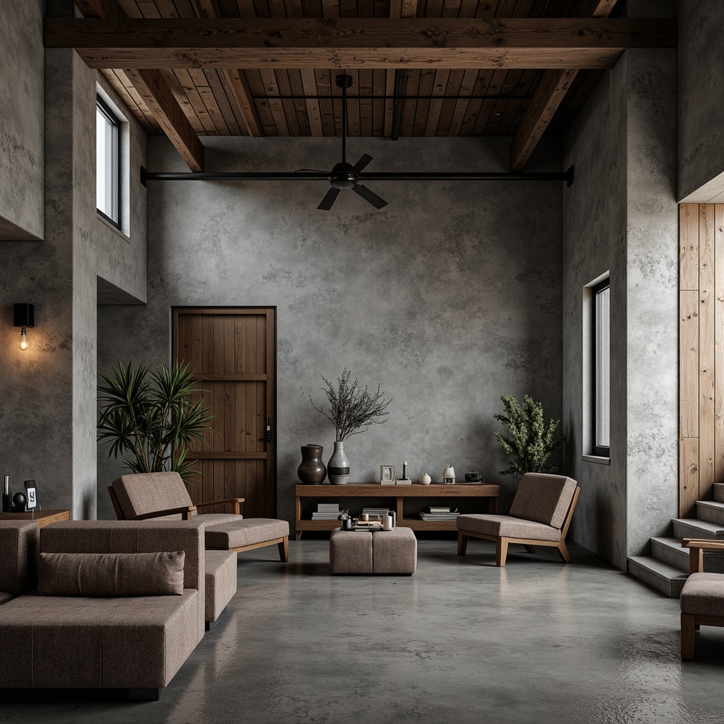 Prompt: Rugged concrete walls, industrial metal beams, reclaimed wood accents, minimalist decor, brutalist-inspired furniture, chunky stone columns, distressed leather upholstery, cold grey tones, ambient warm lighting, atmospheric shadows, cinematic composition, shallow depth of field, 2/3 aspect ratio, moody textures, subtle noise reduction.