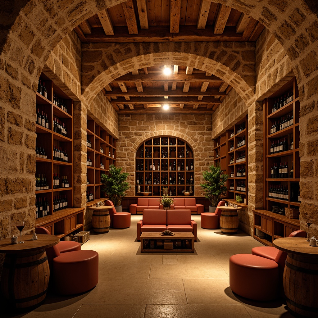 Prompt: Earthy wine cellar, rustic stone walls, wooden crates, dim warm lighting, rich wood tones, bold red wines, golden accents, intimate seating areas, vintage wine barrels, soft beige floors, warm terracotta colors, cozy atmosphere, dramatic shadows, low-key illumination, 1/1 composition, realistic textures, ambient occlusion.