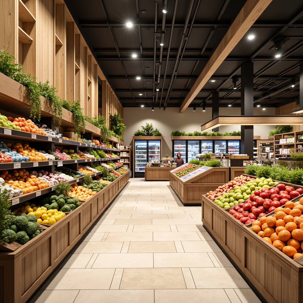 Prompt: Vibrant grocery store interior, fresh produce stands, colorful fruit displays, earthy tone wooden shelves, creamy white flooring, warm beige walls, modern metal racks, sleek glass refrigerators, natural stone countertops, eco-friendly packaging, recycled materials, abundant natural light, soft overhead lighting, shallow depth of field, 1/2 composition, realistic textures, ambient occlusion.Please let me know if this meets your requirements or if you need further adjustments!