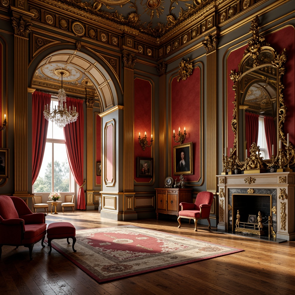 Prompt: Ornate palace interior, lavish furnishings, gilded frames, intricately carved wooden panels, velvet drapes, ornamental mirrors, crystal chandeliers, luxurious upholstery, golden accents, curved lines, scrolling motifs, rich textures, regal atmosphere, soft warm lighting, shallow depth of field, 1/1 composition, detailed renderings, realistic reflections.