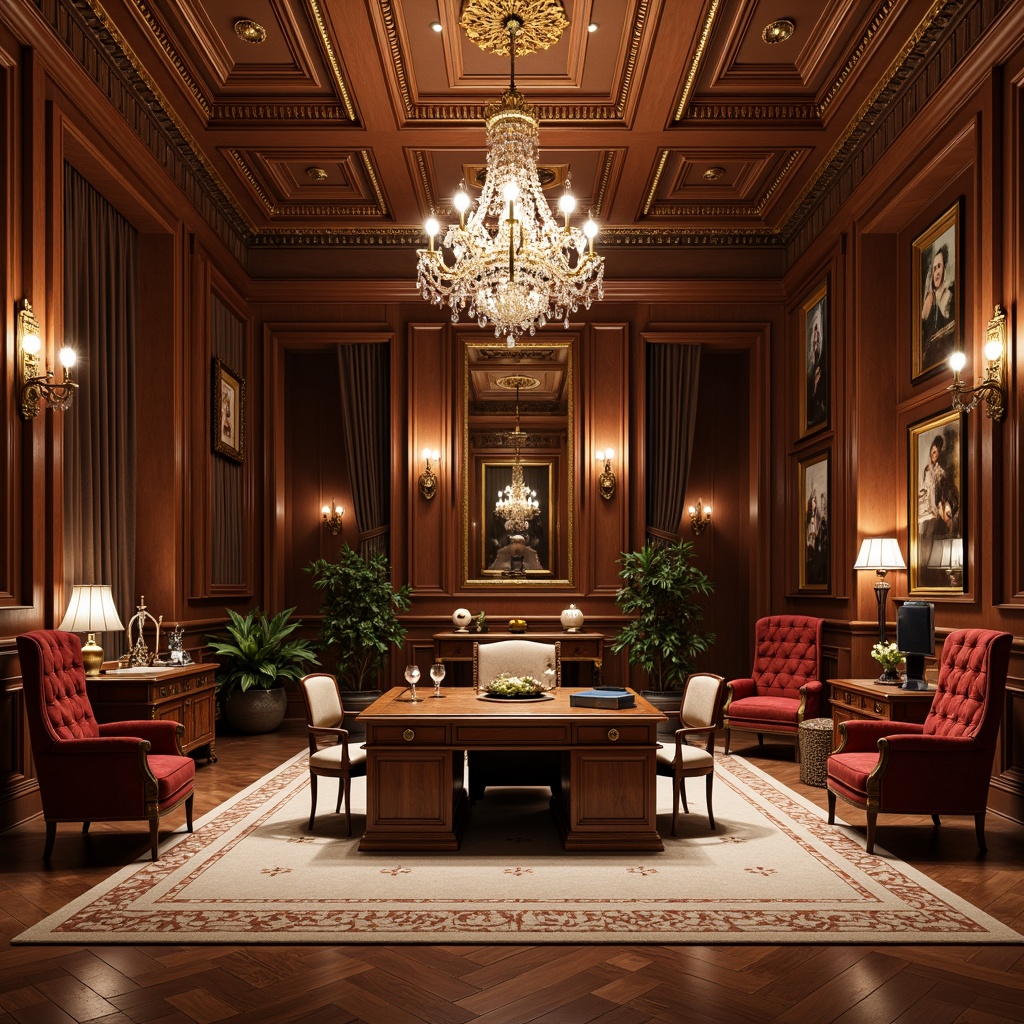 Prompt: Rich wood paneling, ornate moldings, gilded frames, plush velvet fabrics, intricate marble inlays, luxurious leather upholstery, ornamental metalwork, crystal chandeliers, soft warm lighting, shallow depth of field, 3/4 composition, panoramic view, realistic textures, ambient occlusion, elegant curves, sophisticated lines, neoclassical architectural details, refined color palette, subtle sheen, high-gloss finishes, polished bronze accents, tufted velvet armchairs, stately mahogany desks.