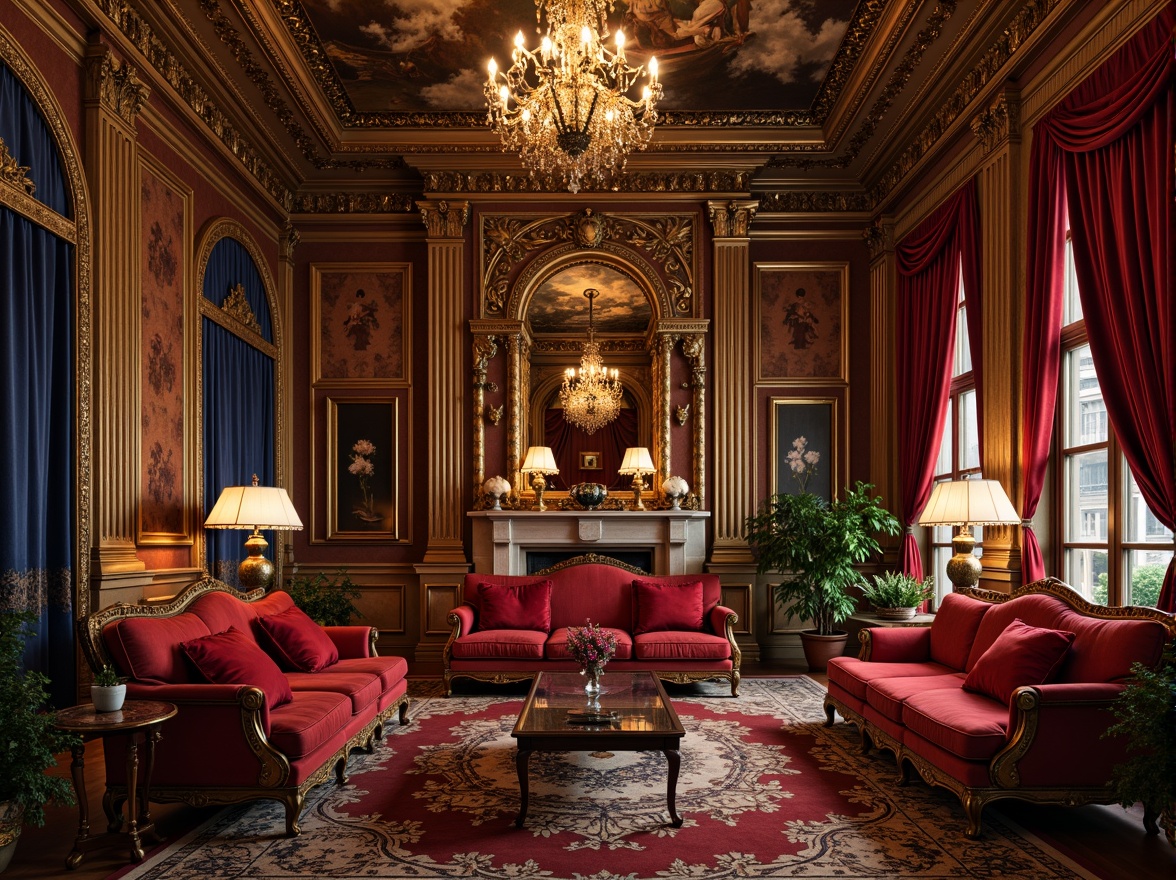 Prompt: Richly ornate furniture, luxurious velvet fabrics, golden accents, warm candlelight, opulent chandeliers, grandiose archways, intricate moldings, lavish frescoes, regal crimson reds, majestic blues, gilded mirrors, sumptuous silks, heavy drapery, ornate patterned rugs, Baroque-style ornaments, dramatic lighting effects, low-key shadows, atmospheric ambiance, 1/1 composition, realistic textures, ambient occlusion.