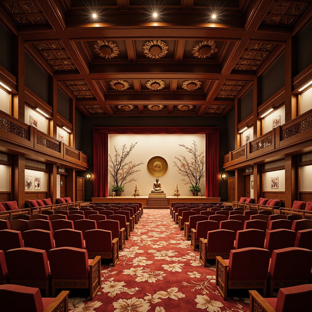 Prompt: Traditional Asian-inspired auditorium, intricately carved wooden seats, red velvet cushions, ornate golden accents, majestic stage backdrop, delicate cherry blossom patterns, subtle rice paper textures, warm softbox lighting, 1/2 composition, intimate atmosphere, plush carpeting, elegant curved lines, minimalist decor, subtle fragrance of incense, tranquil ambiance, serene Buddha statues, natural stone walls, polished wooden floors.