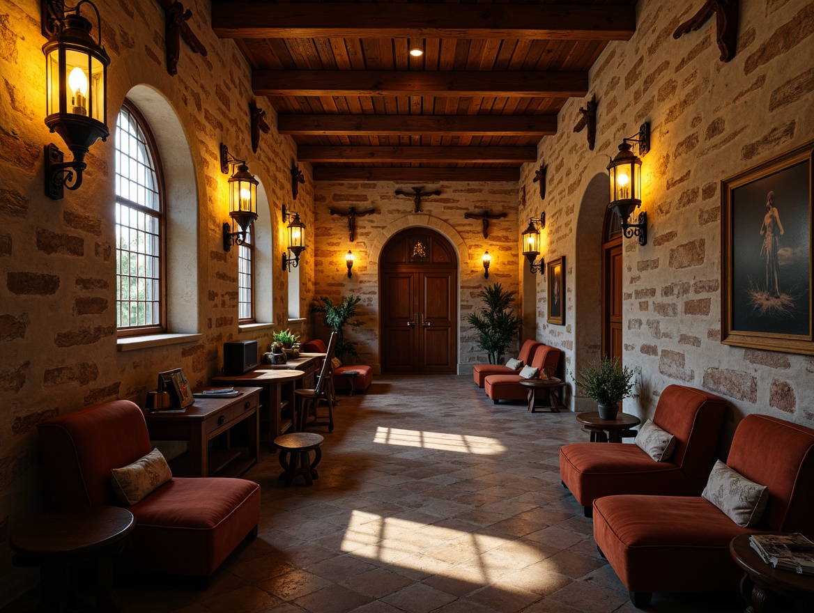 Prompt: Warm monastery ambiance, distressed stone walls, rustic wooden accents, soft candlelight, warm golden lighting, lantern-style pendant lights, vintage metal chandeliers, ornate crucifixes, stained glass windows, cozy reading nooks, plush velvet armchairs, worn leather-bound tomes, dimly lit corridors, dramatic archways, mystical atmosphere, subtle warm color palette, rich textures, soft focus, 1/2 composition, intimate close-up shots, realistic renderings.