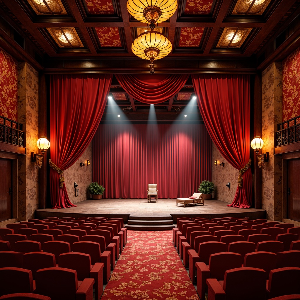 Prompt: Vibrant Asian-inspired auditorium, rich velvet curtains, intricately patterned silk upholstery, gleaming wooden accents, ornate golden lanterns, majestic stage design, plush crimson carpeting, subtle fragrance of incense, warm softbox lighting, 1/1 composition, intimate atmosphere, realistic fabric textures, ambient occlusion.