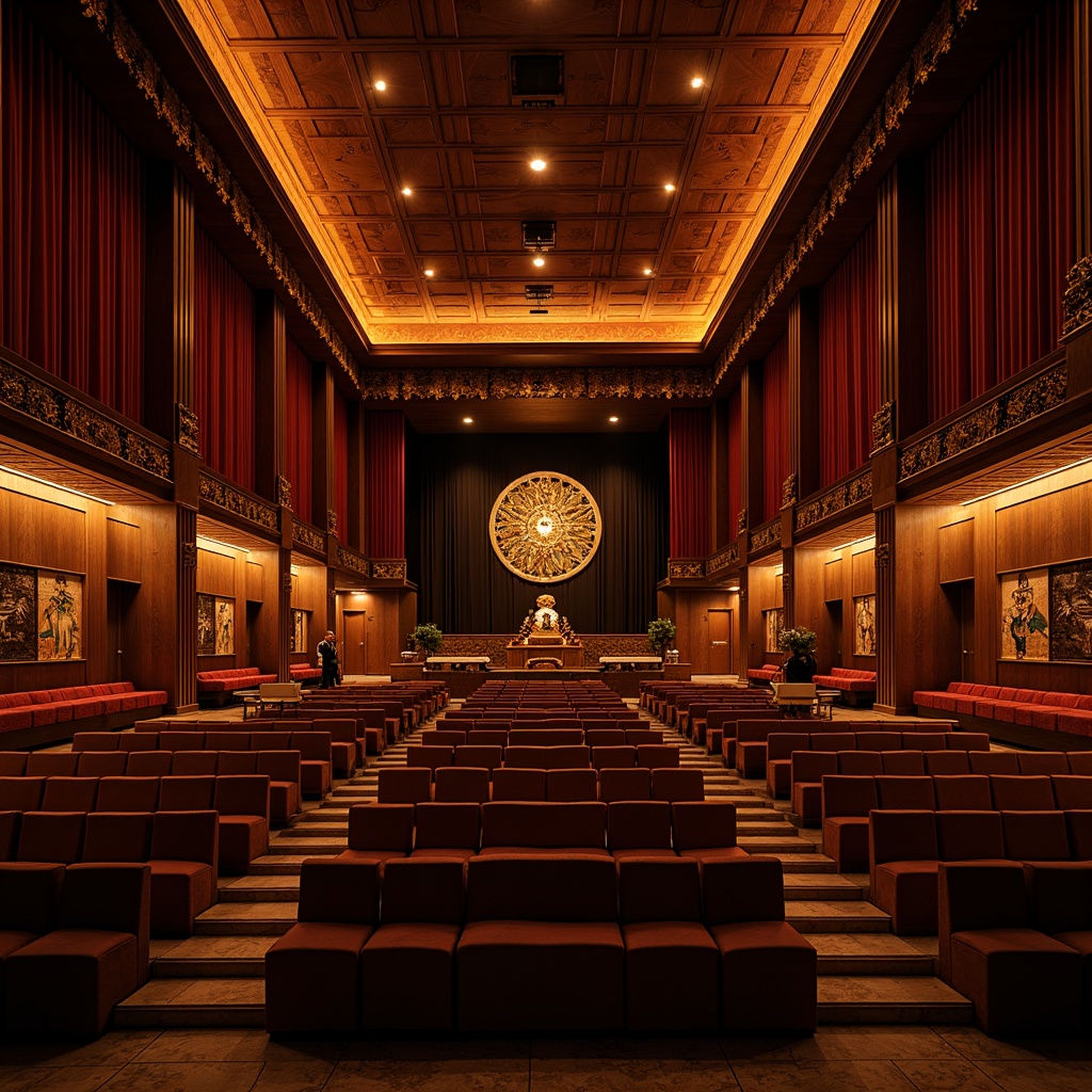 Prompt: Traditional Asian-inspired theater interior, ornate wooden accents, intricately carved panels, rich velvet curtains, dramatic lighting effects, dynamic seating layout, staggered rows, intimate audience experience, comfortable cushioned chairs, subtle fragrance of incense, warm golden lighting, 3/4 composition, cinematic perspective, realistic textures, ambient occlusion.