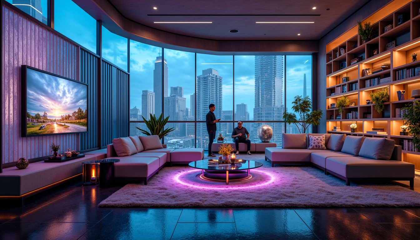 Prompt: Futuristic living room, sleek metallic accents, minimalist decor, modular furniture, curved lines, neon-lit ambiance, ambient LED lighting, floor-to-ceiling windows, cityscape views, open-plan layout, functional zoning, multi-level shelving, transparent glass tables, holographic projections, virtual reality interfaces, futuristic sound systems, plush carpets, avant-garde artwork, bold color schemes, 3D-printed decorative elements, kinetic sculptures, dynamic textiles, atmospheric misting systems, shallow depth of field, panoramic view, realistic reflections.