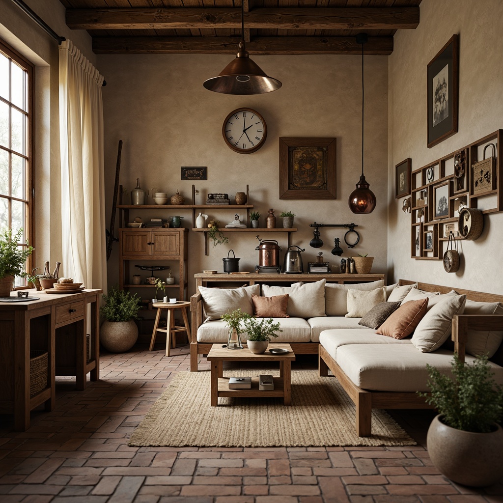 Prompt: Rustic workshop farmhouse interior, earthy color palette, warm beige walls, reclaimed wood accents, vintage metal tools, distressed wooden furniture, soft cream tones, weathered brick textures, natural linen fabrics, industrial metal lighting, worn leather upholstery, aged copper hardware, muted greenery, soft morning light, shallow depth of field, 1/1 composition, realistic textures.