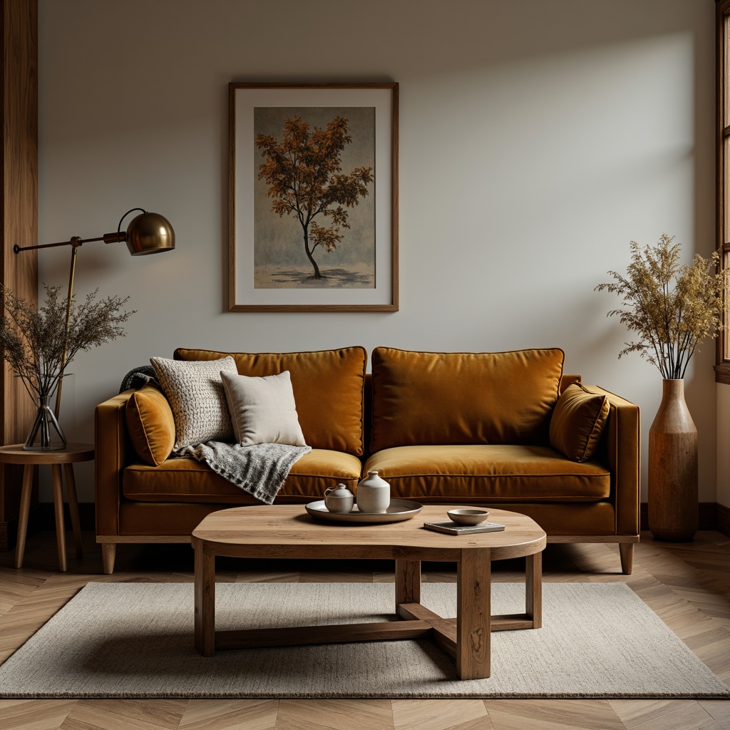 Prompt: Mid-century modern living room, plush velvet sofa, reclaimed wood coffee table, industrial metal lamp, minimalist decor, natural textiles, earthy color palette, soft warm lighting, shallow depth of field, 3/4 composition, realistic textures, ambient occlusion.