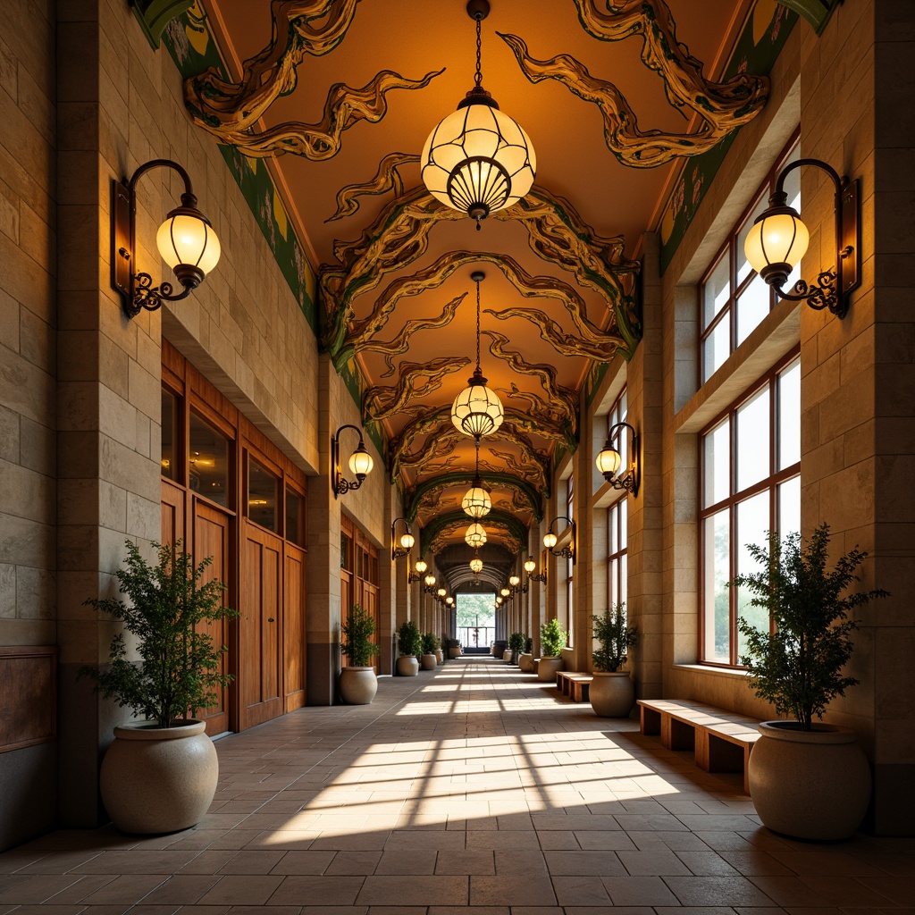 Prompt: Vibrant middle school hallway, ornate Art Nouveau lighting fixtures, flowing organic forms, sinuous lines, stylized floral patterns, warm golden tones, soft diffused lighting, pendant lamps, sconces, ceiling fixtures, intricate metalwork, ornate glass shades, earthy color palette, natural stone flooring, wooden accents, high ceilings, large windows, dramatic shadows, 1/2 composition, shallow depth of field, warm ambient lighting.