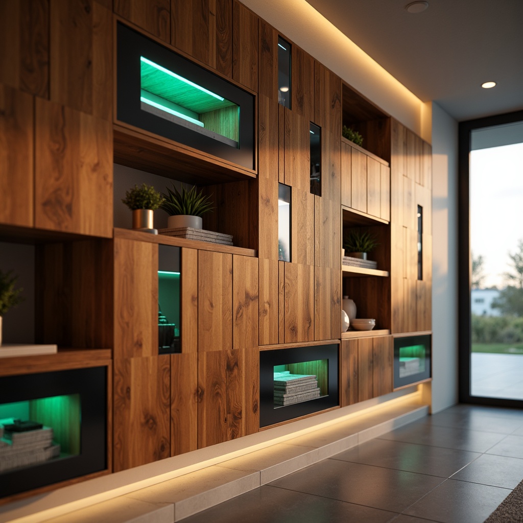 Prompt: Modern interior design, wall-mounted panels, wooden texture, natural materials, geometric patterns, minimalist aesthetic, soft warm lighting, 3/4 composition, shallow depth of field, realistic wood grain, ambient occlusion, sleek metal frames, glass inserts, backlit LED lights, colorful acrylic accents, functional storage compartments, hidden compartments, sliding doors, ergonomic design, futuristic ambiance.